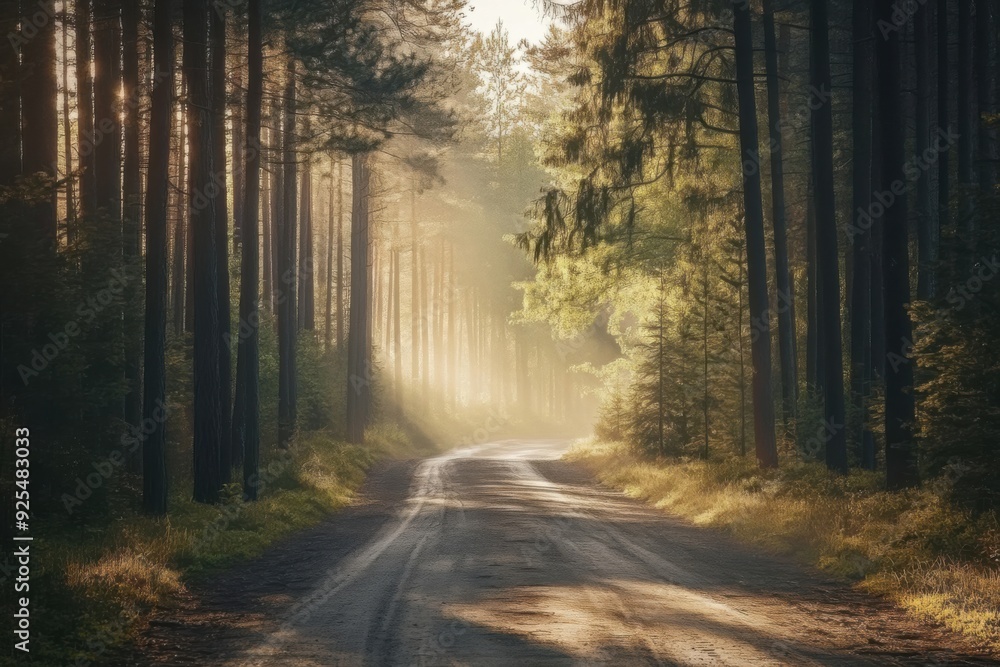 A serene trail bathed in gentle sunlight cutting through a dense, tranquil forest. A serene trail bathed in gentle sunlight cutting through a dense, tranquil forest.