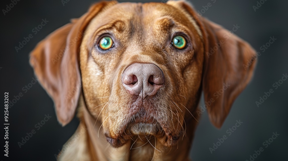 A close-up of a brown dog with striking green eyes against a dark background A close-up of a brown dog with striking green eyes against a dark background