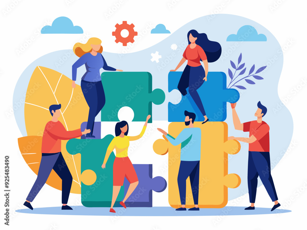 Teamwork problem solving concept, puzzle piece idea solution illustration Teamwork problem solving concept, puzzle piece idea solution illustration