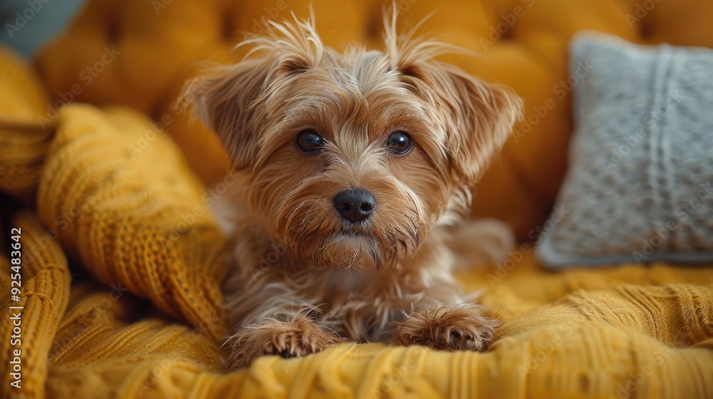 A small brown dog lounging on a cozy mustard yellow blanket in a bright living room during the afternoon A small brown dog lounging on a cozy mustard yellow blanket in a bright living room during the afternoon