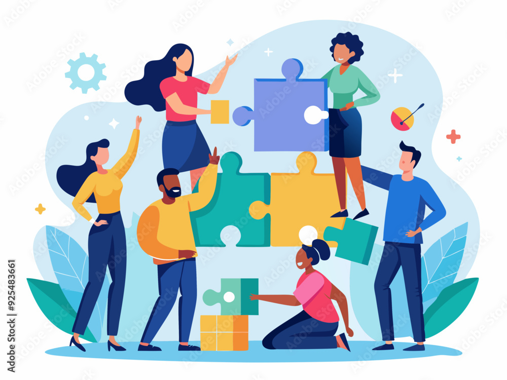 Teamwork problem solving concept, puzzle piece idea solution illustration Teamwork problem solving concept, puzzle piece idea solution illustration
