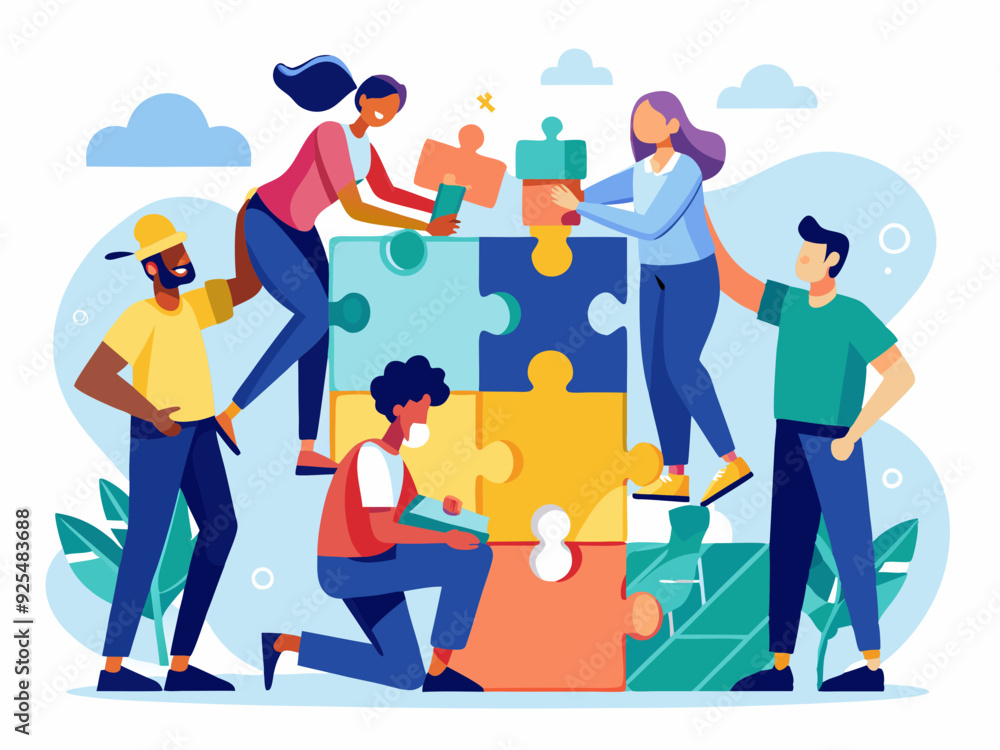 Teamwork problem solving concept, puzzle piece idea solution illustration Teamwork problem solving concept, puzzle piece idea solution illustration