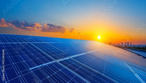 Solar Panel on Office Roof Sunlight Reflection City Skyline Blue Sky