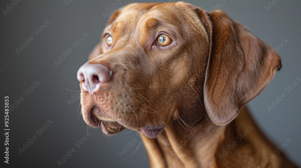 Brown dog with expressive eyes sitting against a dark background, looking attentively to the side Brown dog with expressive eyes sitting against a dark background, looking attentively to the side