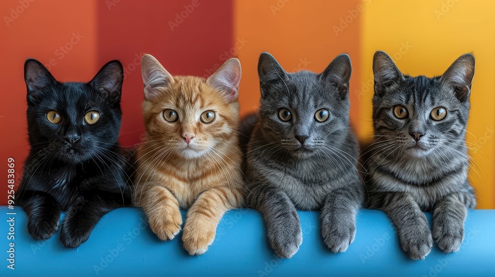 Four cats of varying colors pose on a blue surface against a colorful striped background Four cats of varying colors pose on a blue surface against a colorful striped background