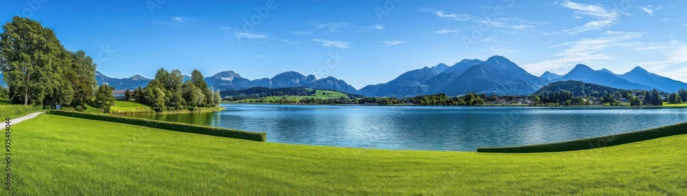 Beautiful panorama of a serene lake surrounded by green fields and mountains under a blue sky. Beautiful panorama of a serene lake surrounded by green fields and mountains under a blue sky.