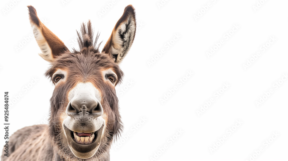 Portrait of a funny, smiling donkey on a white background, a closeup photo with copy space area for text and ad design Portrait of a funny, smiling donkey on a white background, a closeup photo with copy space area for text and ad design