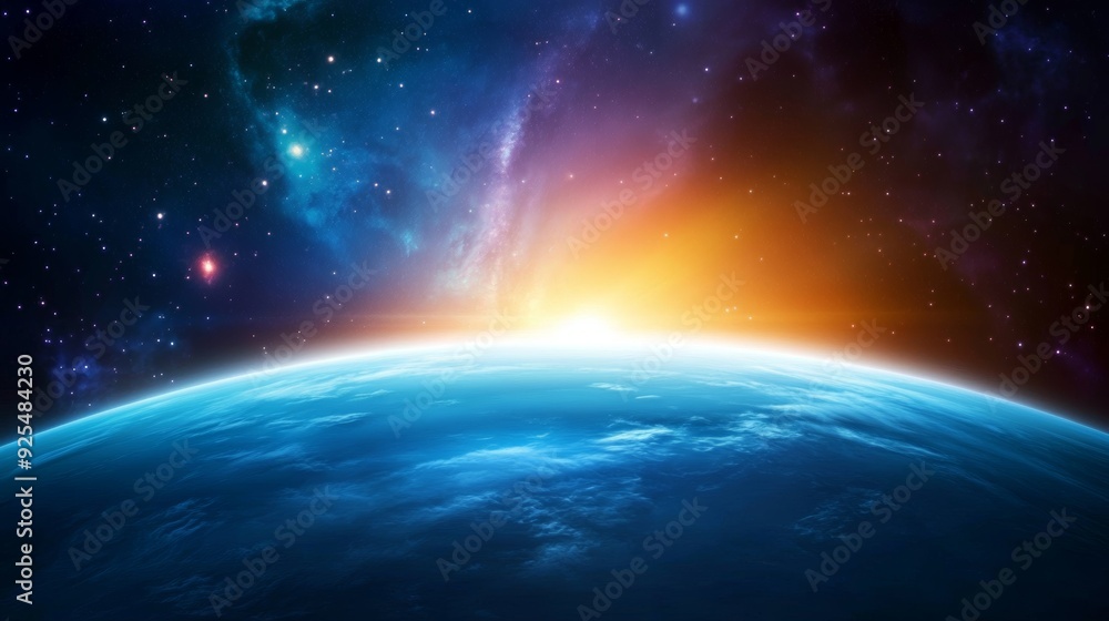 Fototapeta premium Relaxing landscape with a sky opening with stars and galaxies