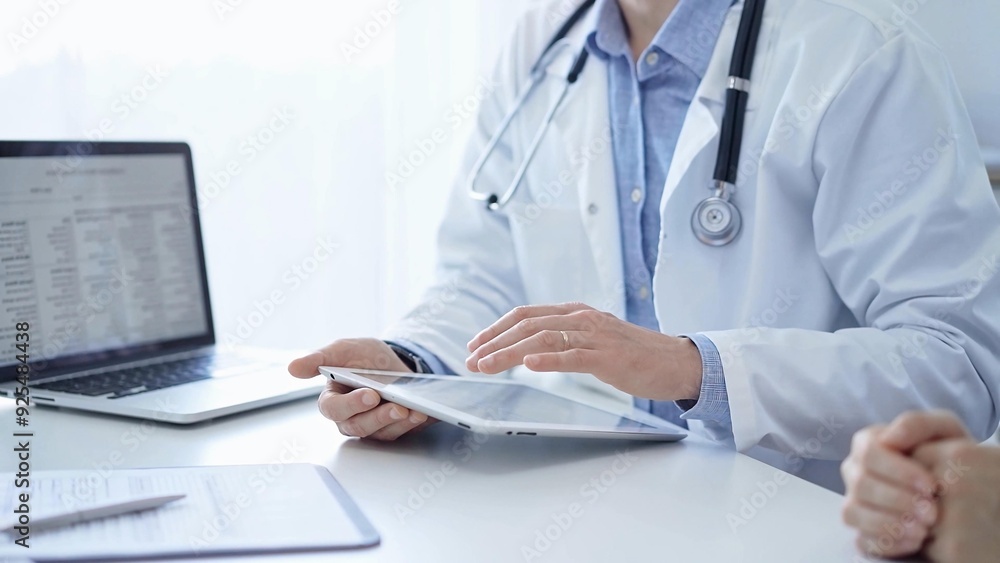 Doctor and a patient. The physician, wearing a white medical coat over a blue shirt, is using tablet computer during a consultation in the clinic. Medicine and science Doctor and a patient. The physician, wearing a white medical coat over a blue shirt, is using tablet computer during a consultation in the clinic. Medicine and science