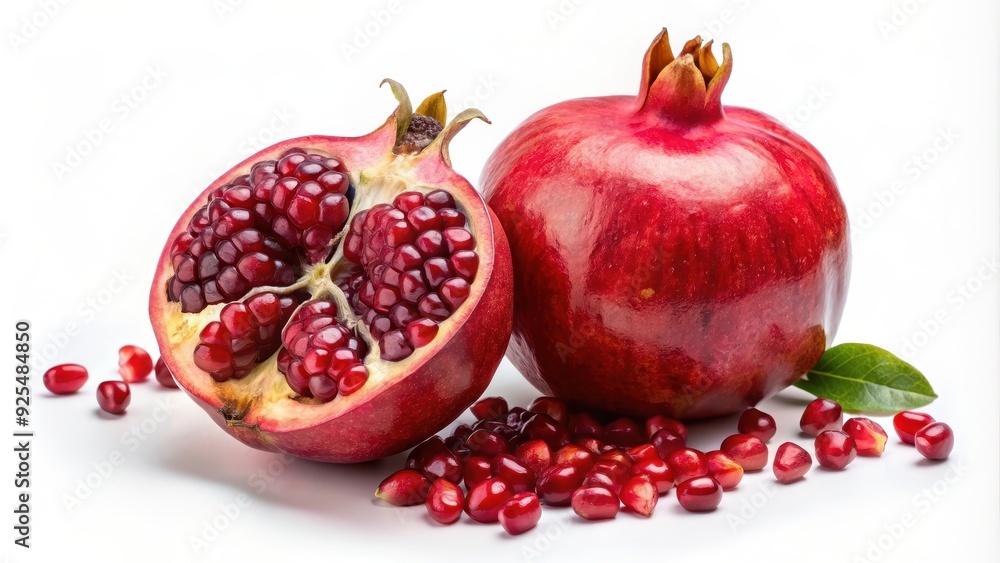 Fresh, vibrant pomegranate fruit on a white background with seeds spilling out, Pomegranate, fruit, red, juicy, antioxidant Fresh, vibrant pomegranate fruit on a white background with seeds spilling out, Pomegranate, fruit, red, juicy, antioxidant