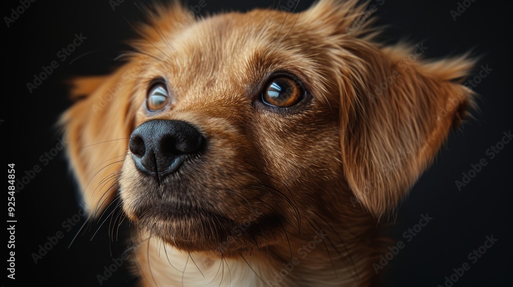 Cute brown dog with expressive eyes looking thoughtfully against a dark background during afternoon light Cute brown dog with expressive eyes looking thoughtfully against a dark background during afternoon light