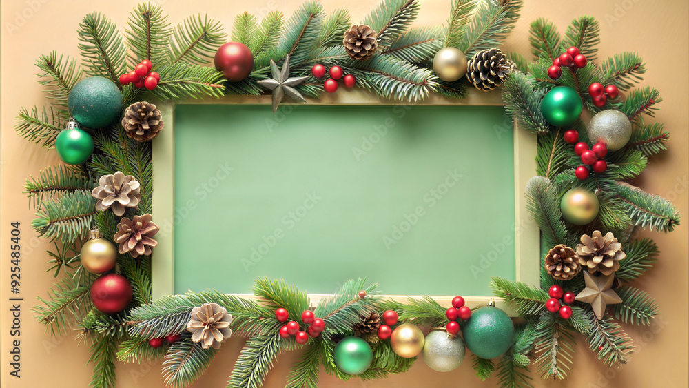 Christmas and New Year background with green chalkboard, fir branches, pine cones and red berries Christmas and New Year background with green chalkboard, fir branches, pine cones and red berries