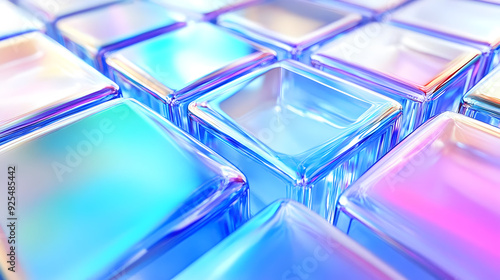 Abstract iridescent glass cubes arranged in a grid pattern.