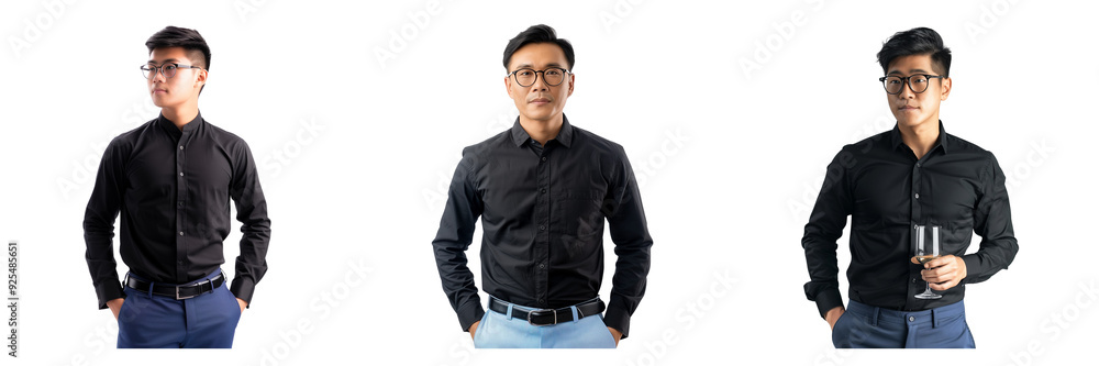 Fototapeta premium Set of Asian man wear a black shirt and black glass Isolated on a transparent background