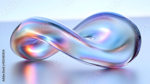 Abstract iridescent glass infinity symbol on a blue background.