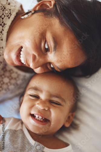 Photos Above, mom and baby in bedroom with love, maternal or hug care and support for growth or development