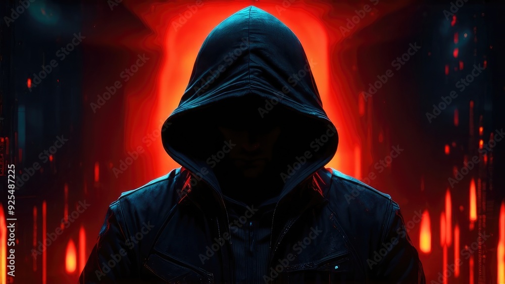 hacker on hood on a neon red background, cybersecurity, digital background, criminal, protection. hacker on hood on a neon red background, cybersecurity, digital background, criminal, protection.