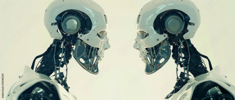 Two articulated robots with exposed circuits and gears face each other against a neutral background, evoking thoughts of future technology and artificial intelligence. Two articulated robots with exposed circuits and gears face each other against a neutral background, evoking thoughts of future technology and artificial intelligence.