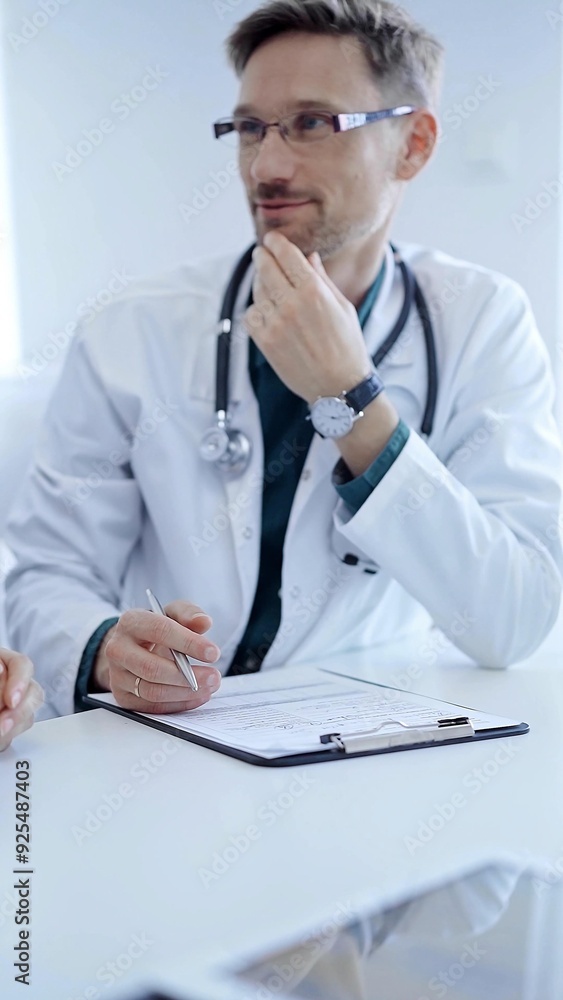 Doctor and a patient. The physician, wearing a white medical coat over a green shirt, gesturing with his hands during a consultation in the clinic. Medicine concept Doctor and a patient. The physician, wearing a white medical coat over a green shirt, gesturing with his hands during a consultation in the clinic. Medicine concept