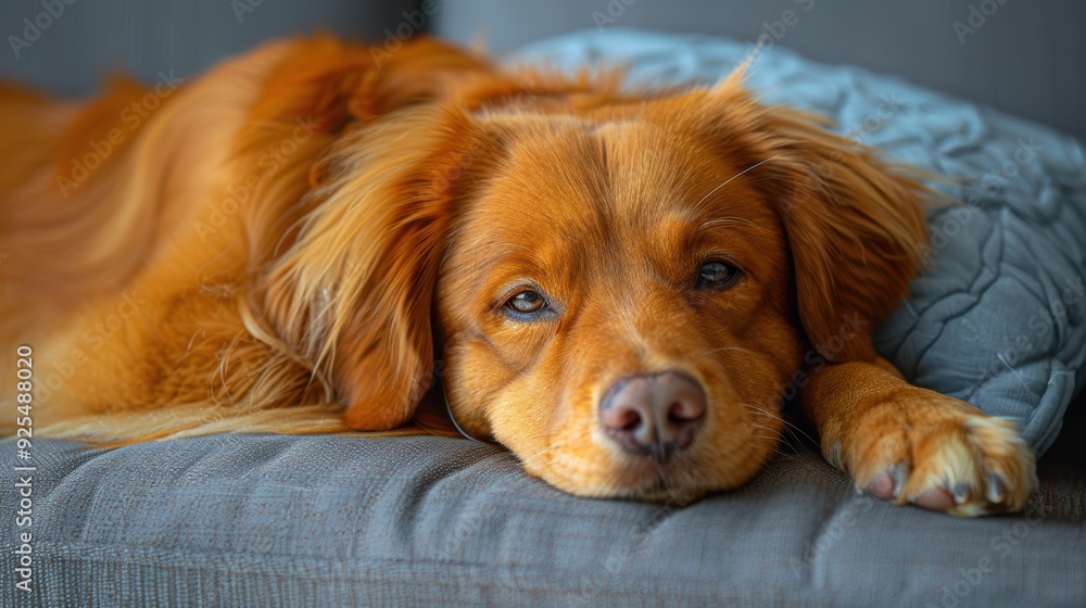 Golden retriever mix lounging on a couch with a cozy blanket in a warm living room Golden retriever mix lounging on a couch with a cozy blanket in a warm living room
