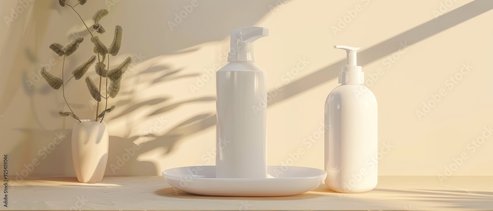 A glossy white lotion bottle stands against a pastel backdrop with dramatic palm leaf shadows. A glossy white lotion bottle stands against a pastel backdrop with dramatic palm leaf shadows.