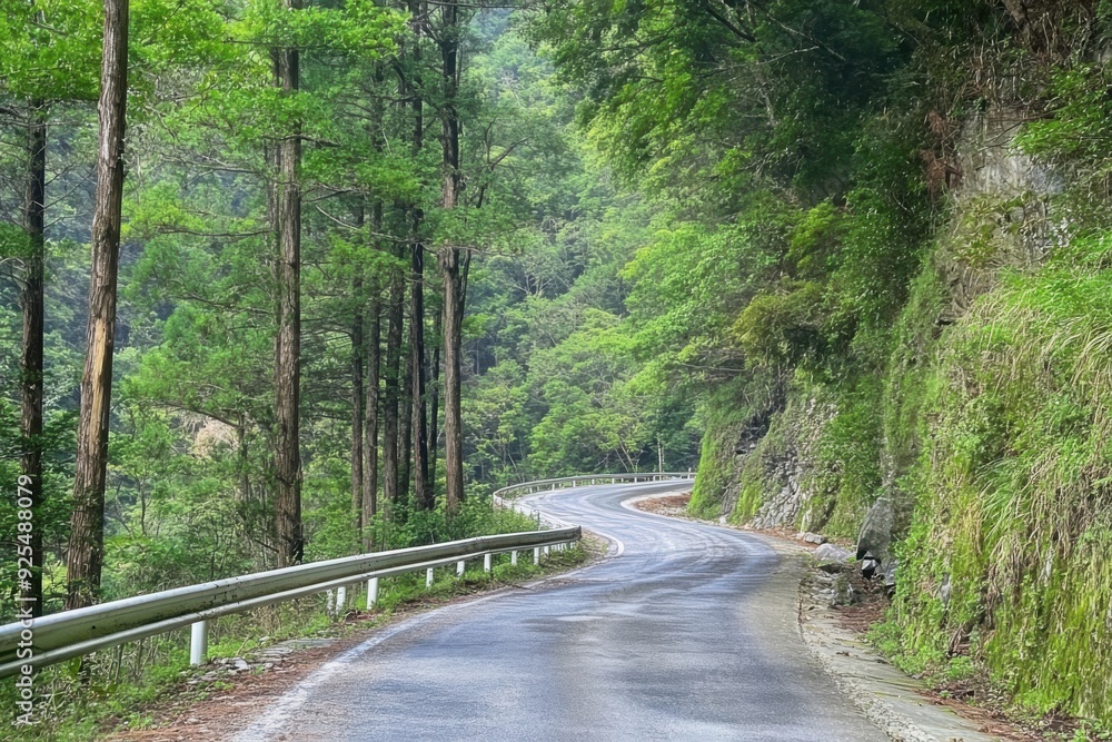 Fototapeta premium A winding road through a dense green forest under an overcast sky.