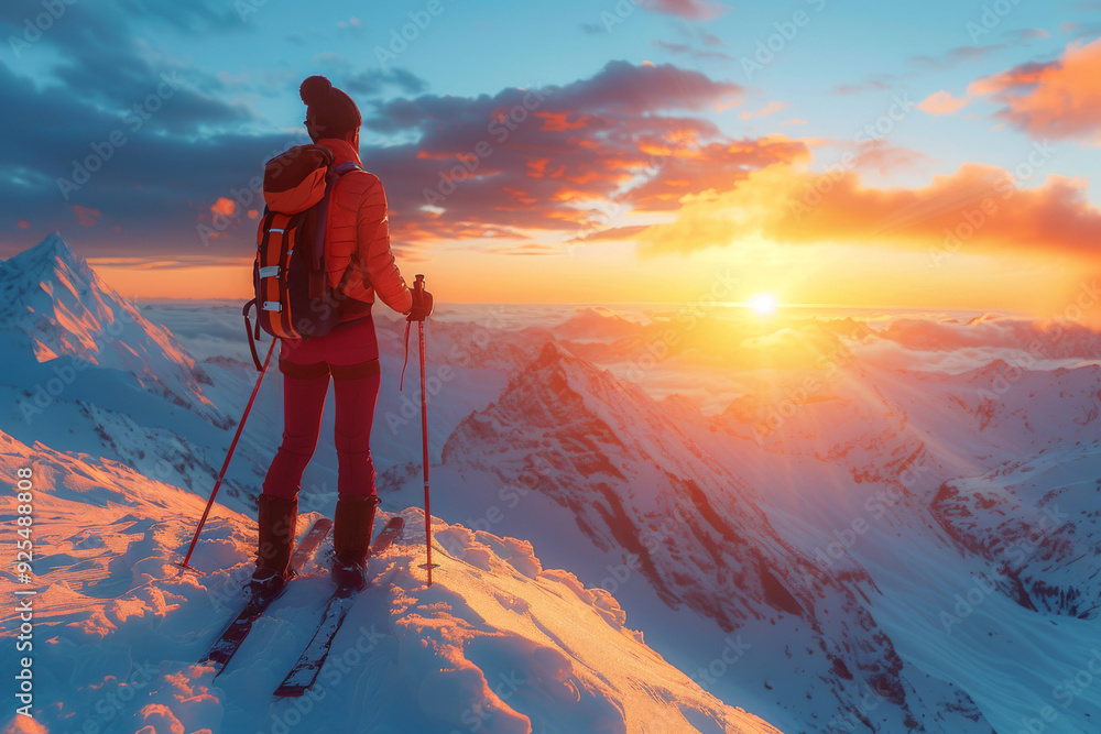 Skier stands atop snowy mountain peak, gazing at stunning sunset with vibrant colors Skier stands atop snowy mountain peak, gazing at stunning sunset with vibrant colors