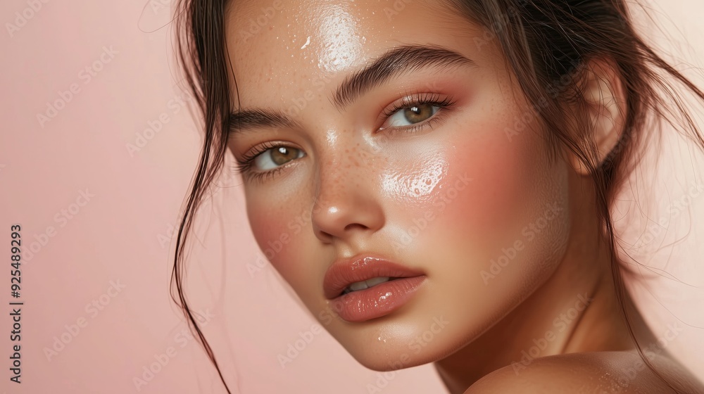 A beautiful model with radiant and healthy skin on a light pink background. A beautiful model with radiant and healthy skin on a light pink background.