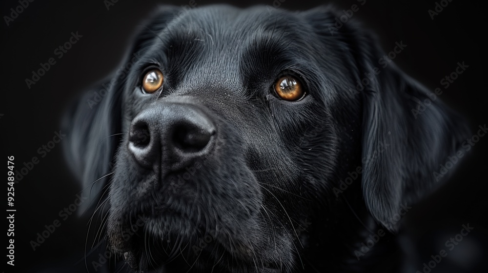 A black Labrador retriever with expressive eyes gazes thoughtfully against a dark background A black Labrador retriever with expressive eyes gazes thoughtfully against a dark background