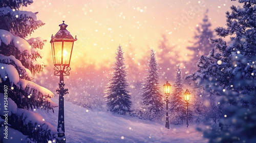 Enchanted winter night scene with snow and a street lamp