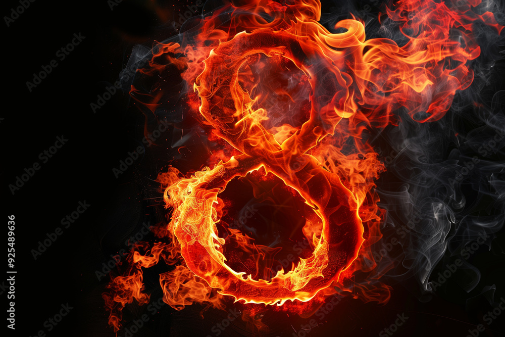 Burning number 8, eight on fire, hot red flames and smokes on black background Burning number 8, eight on fire, hot red flames and smokes on black background