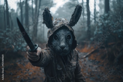 Mysterious sinister criminal in rabbit mask threatens with knife, standing in foggy forest photo