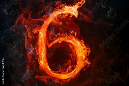 Burning number 6, six on fire, hot red flames and smokes on black background photo