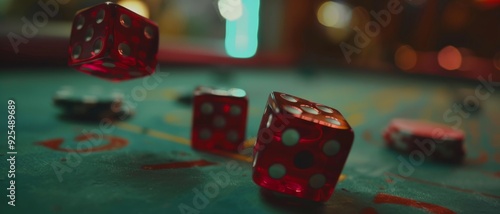 Three red dice captured mid-air, seconds away from landing on a blurred casino table backdrop, portraying the excitement and unpredictability of gambling. photo