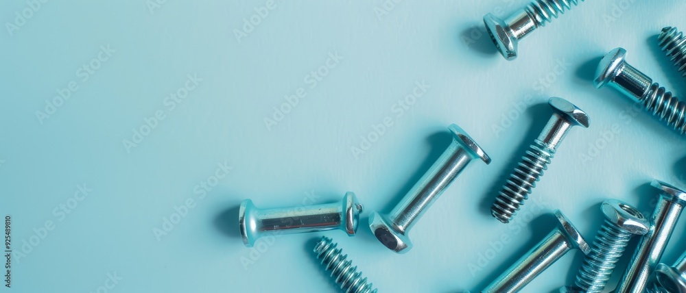 A close-up of scattered bolts and screws on a light blue surface, highlighting the cold metallic texture and orderly arrangement. A close-up of scattered bolts and screws on a light blue surface, highlighting the cold metallic texture and orderly arrangement.