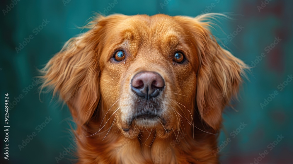 Obraz premium Golden retriever with expressive eyes posing in front of a teal background during daylight hours