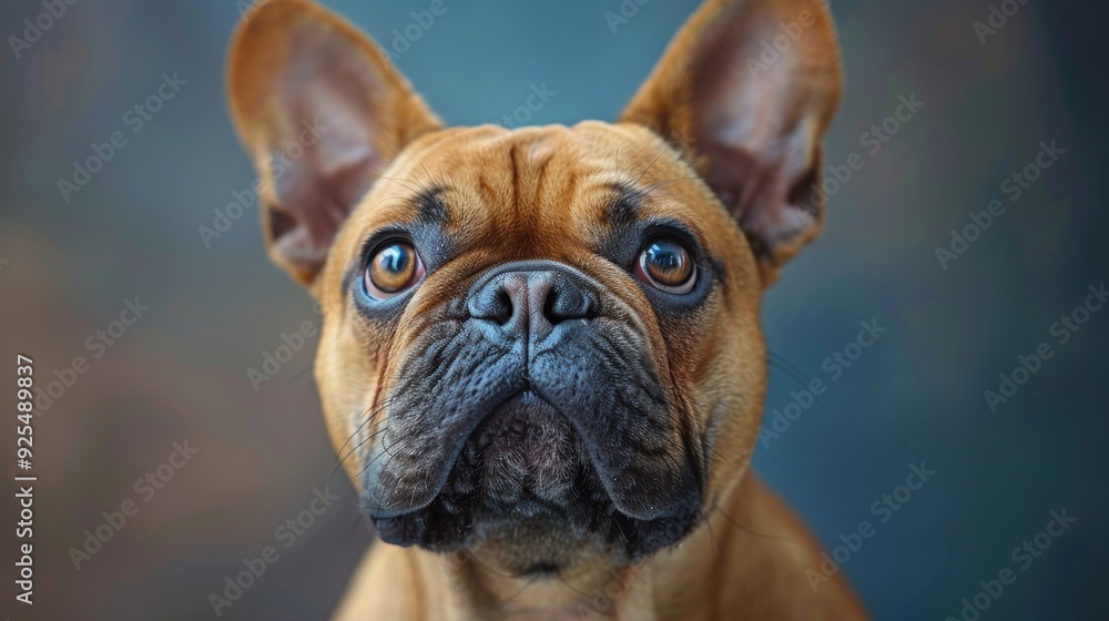 Fototapeta premium A close-up of a French Bulldog with large expressive eyes against a soft blue background