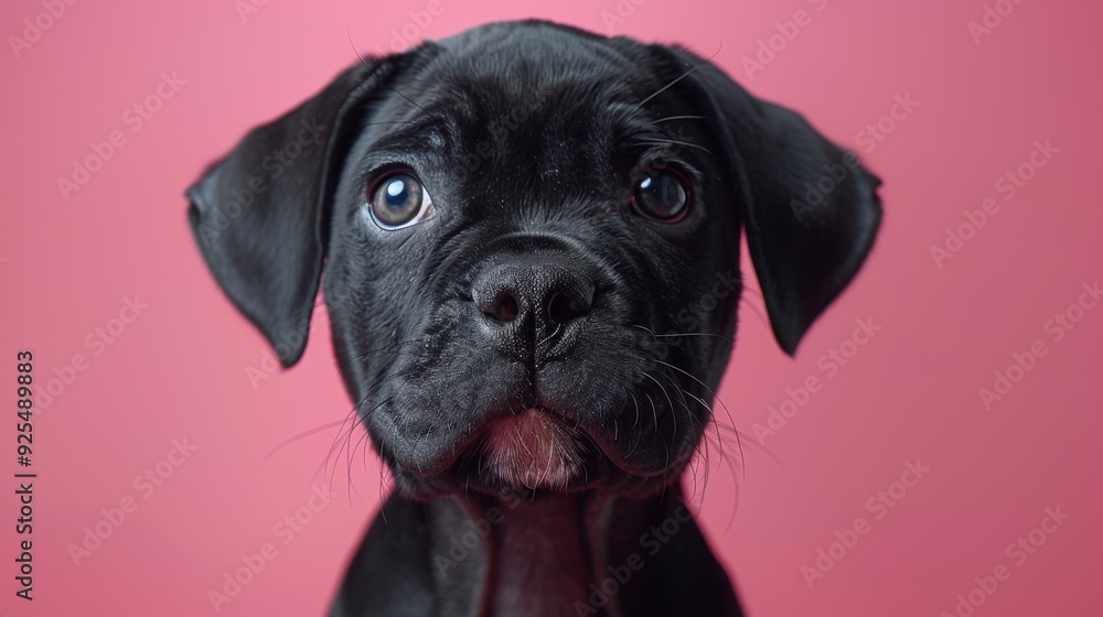 Obraz premium Black puppy with blue eyes poses against a pink background