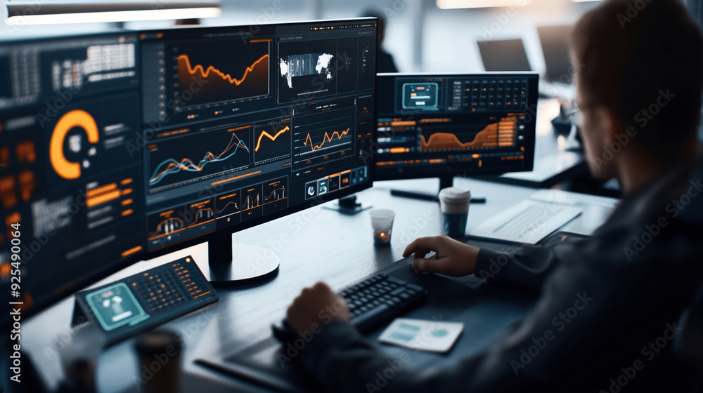 Person in modern office analyzing financial data on multiple monitors showing charts and graphs, with a cup of coffee on the desk. Person in modern office analyzing financial data on multiple monitors showing charts and graphs, with a cup of coffee on the desk.