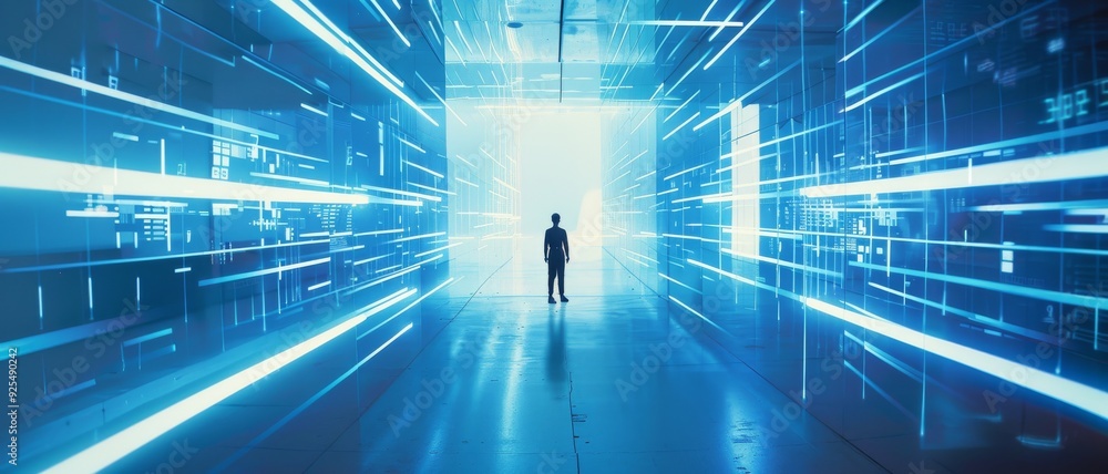 A person stands alone in a futuristic corridor filled with blue neon lights, gazing towards a bright entry at the end. A person stands alone in a futuristic corridor filled with blue neon lights, gazing towards a bright entry at the end.