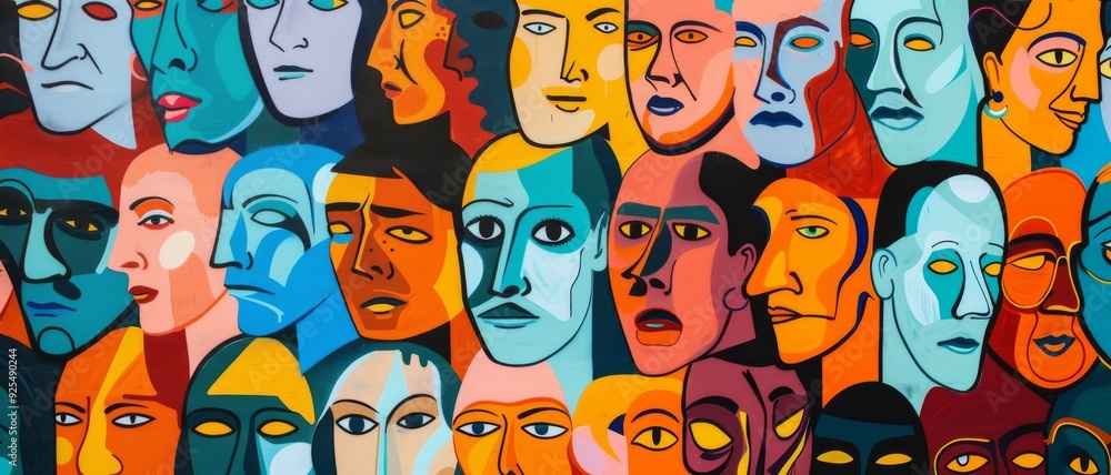 A vibrant and colorful mural features an array of diverse faces, expressing various emotions and artistic styles, adding life and diversity to the urban space. A vibrant and colorful mural features an array of diverse faces, expressing various emotions and artistic styles, adding life and diversity to the urban space.