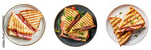 Set of Decorated on a plate Pressed and toasted sandwich with ham and cheeses isolated on a transparent background photo