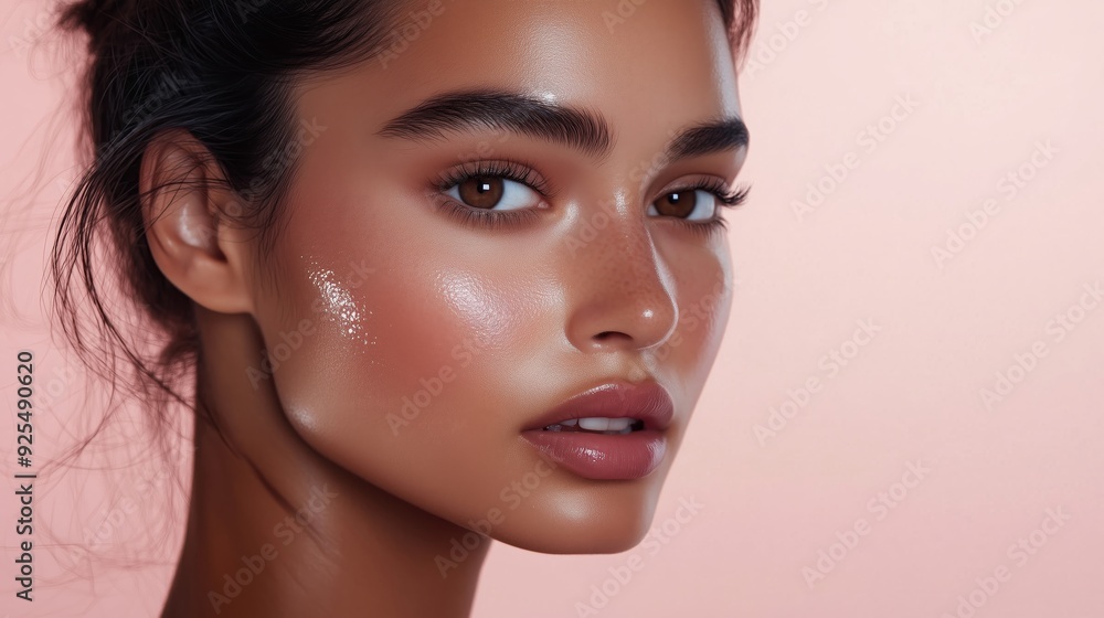 Fototapeta premium A beautiful model with radiant and healthy skin on a light pink background.