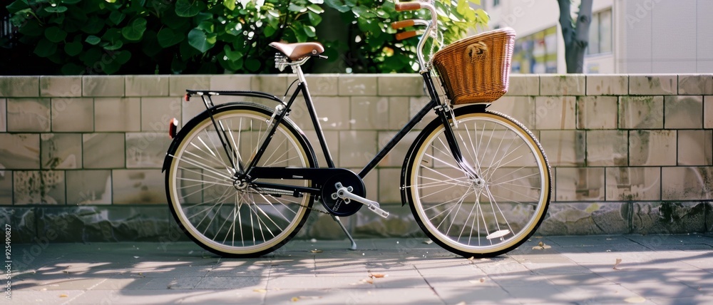 Obraz premium A black bicycle with a wicker basket is parked against a tiled wall surrounded by lush greenery, combining urban life with a touch of nature.