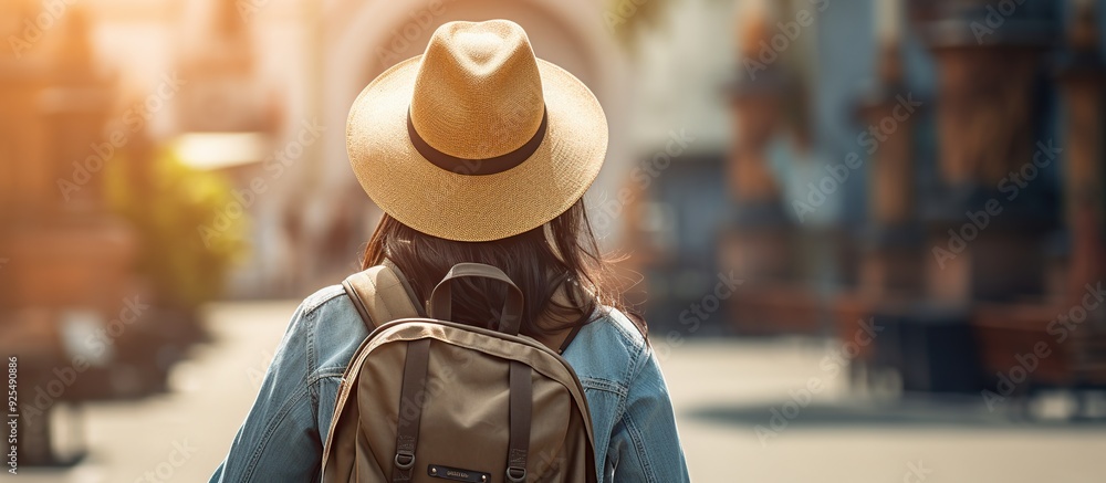 traveler woman with backpack while wearing hat. traveler woman with backpack while wearing hat.