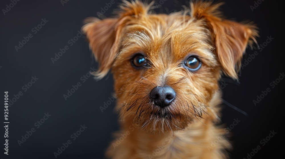 A close-up of a small brown dog with expressive blue eyes against a dark background A close-up of a small brown dog with expressive blue eyes against a dark background