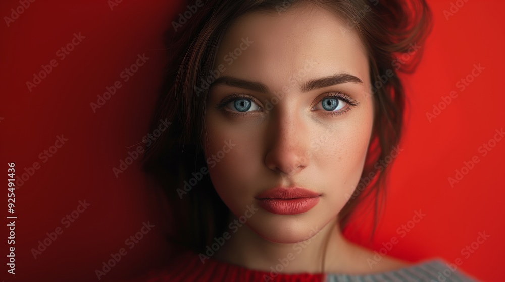 A close-up portrait of a young woman with piercing blue eyes against a red background, exuding beauty and confidence. A close-up portrait of a young woman with piercing blue eyes against a red background, exuding beauty and confidence.