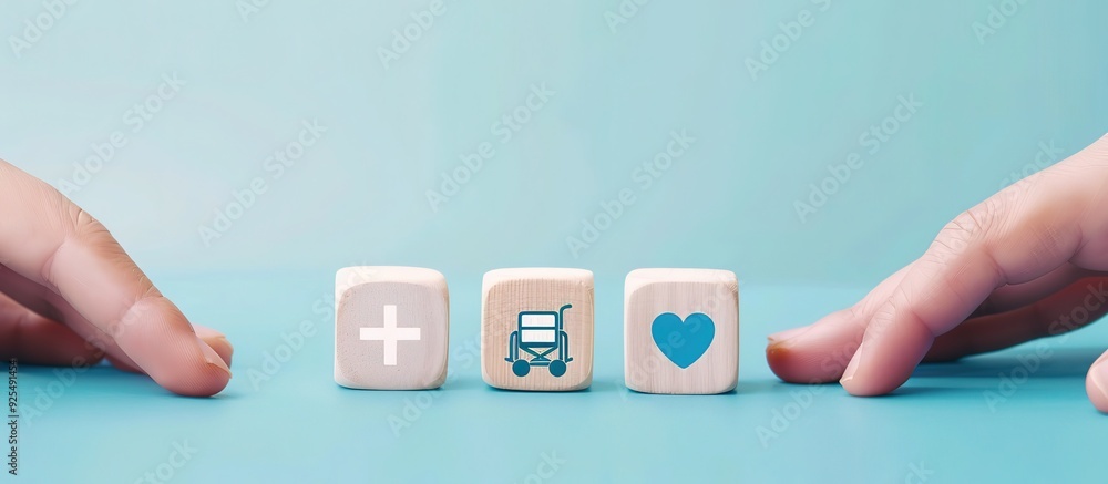 Hands on Wooden Dice with Health, Wheelchair, and Medical Cross Icons - Healthcare Plan or Life Insurance Concept Hands on Wooden Dice with Health, Wheelchair, and Medical Cross Icons - Healthcare Plan or Life Insurance Concept