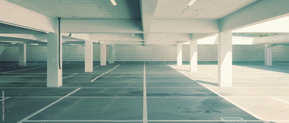 Fototapeta premium A quiet, empty parking lot bathed in soft, diffused light, with clean lines and an orderly structure.