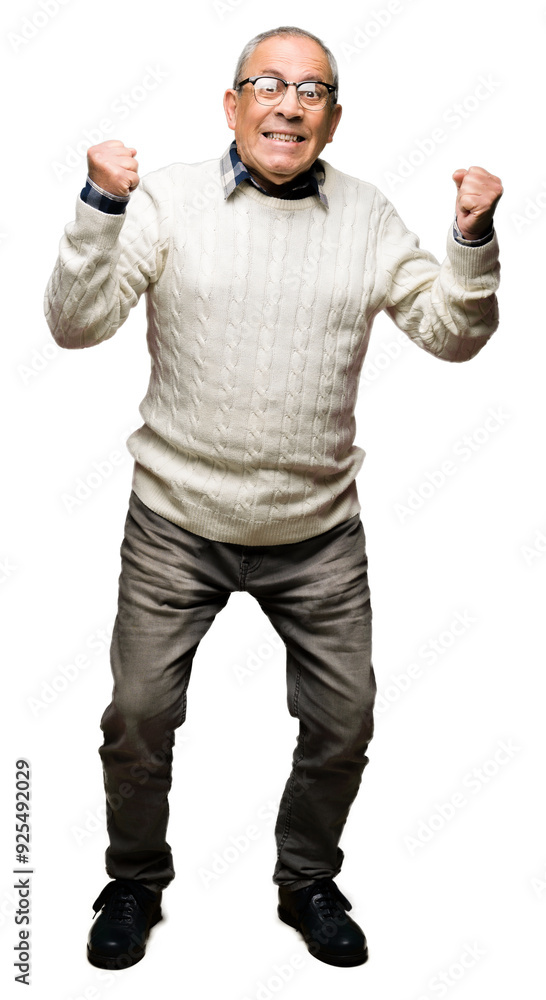 Handsome senior man wearing glasses and winter sweater celebrating surprised and amazed for success with arms raised and open eyes. Winner concept. Handsome senior man wearing glasses and winter sweater celebrating surprised and amazed for success with arms raised and open eyes. Winner concept.